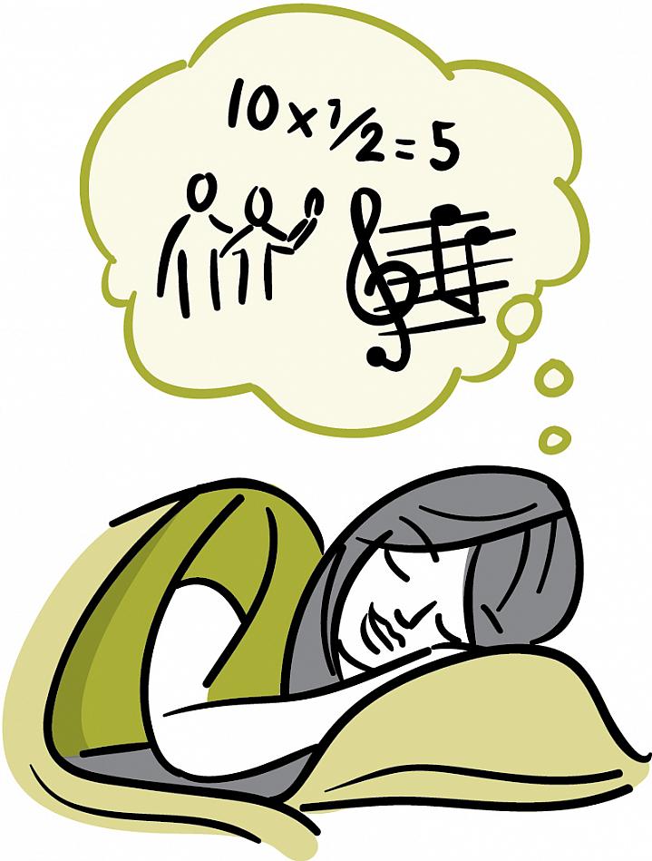 Illustration of a sleeping woman thinking about music, math and friends.