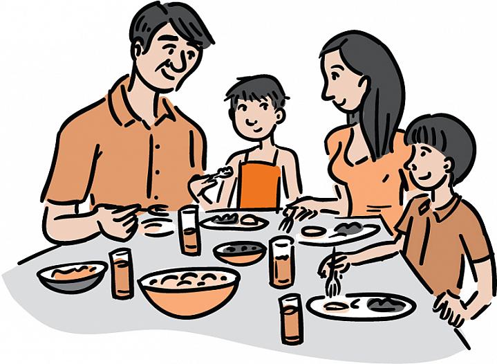 Illustration of a family eating dinner, including a thin young girl with very short hair who’s recovering after cancer therapy.