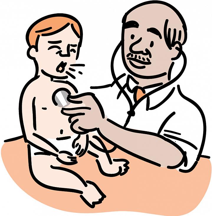 Illustration of a physician examining a coughing baby.