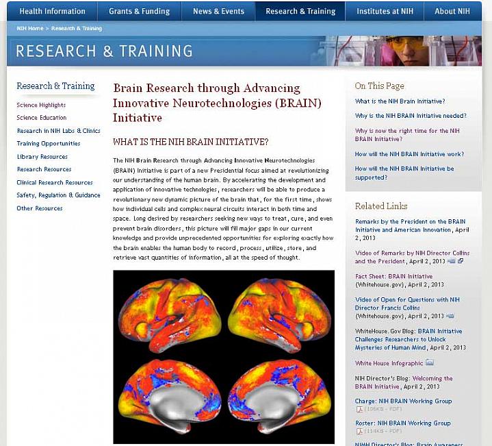 Screen capture of the homepage for the NIH BRAIN Initiative website.