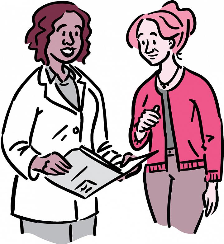 Illustration of a woman talking with her doctor.