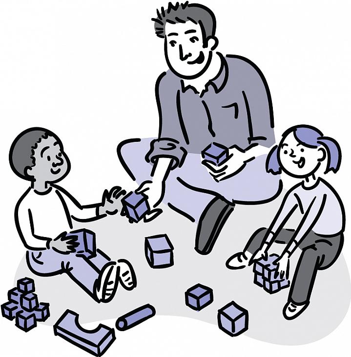 Illustration of a 2 preschoolers and a man playing with toy blocks.