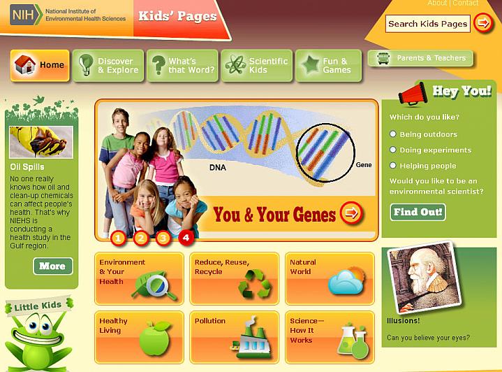 Screen capture of the homepage for the NIEHS Kids’ Pages website.