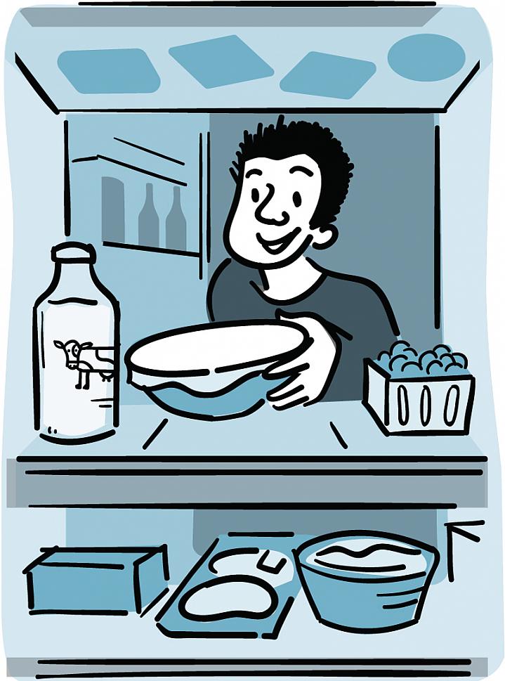 Illustration of a man placing food in the refrigerator.