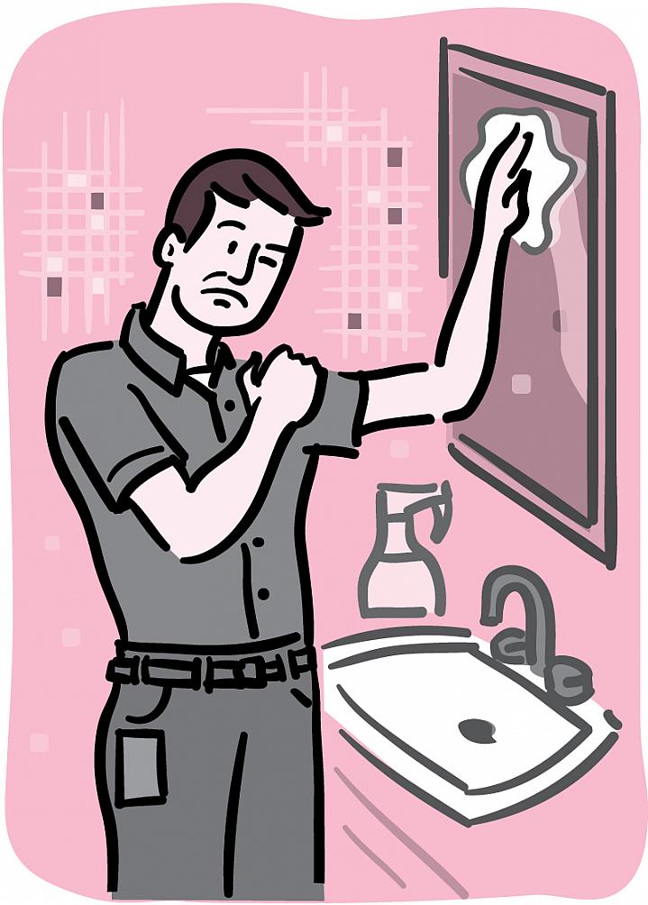 Illustration of a man rubbing his shoulder in pain as he reaches up to clean a bathroom mirror.