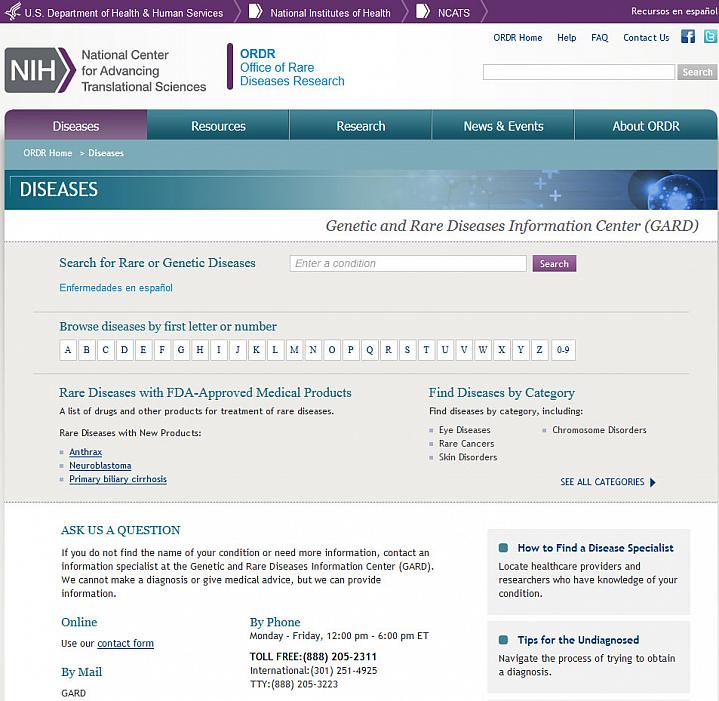 Screen capture of the homepage for the Genetic and Rare Diseases Information Center website.