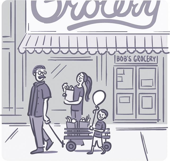 Illustration of a man, woman, and child walking with bags from a local grocery store.