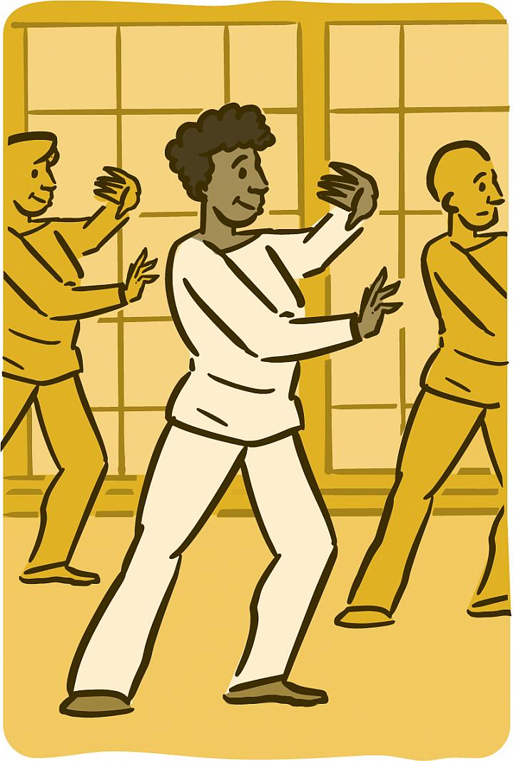 Illustration of older adults practicing tai chi.