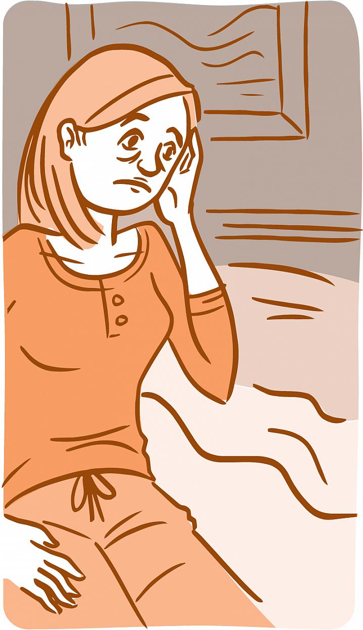 Illustration of a tired and unhappy-looking woman touching her temples.