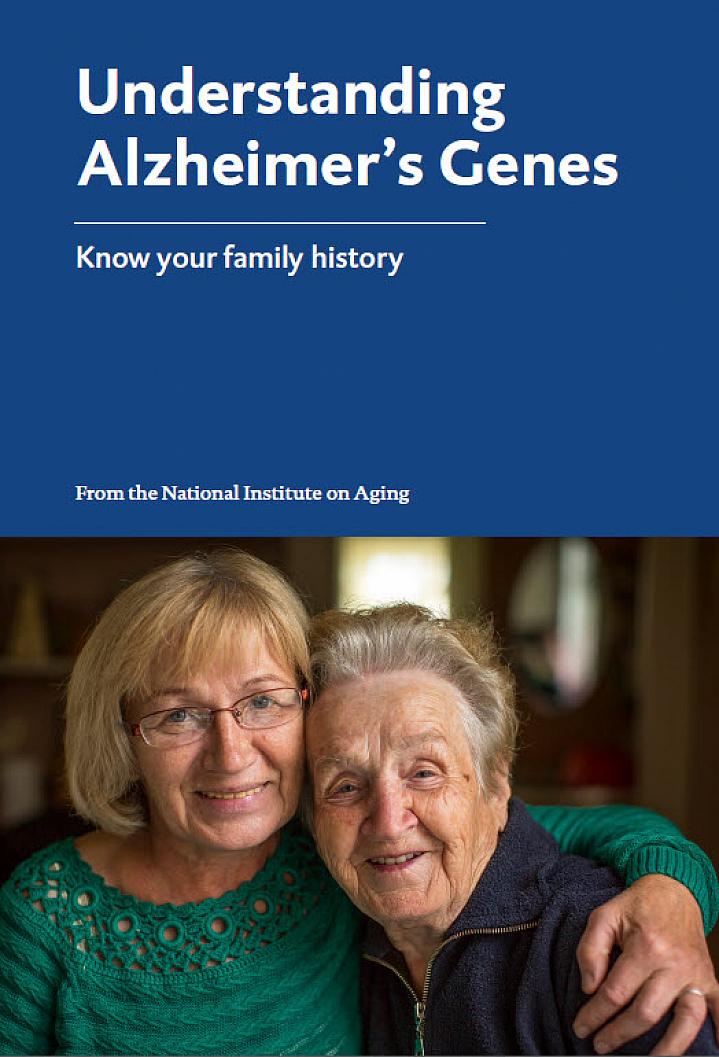 Booklet cover page shows an older woman embracing her elderly mother.