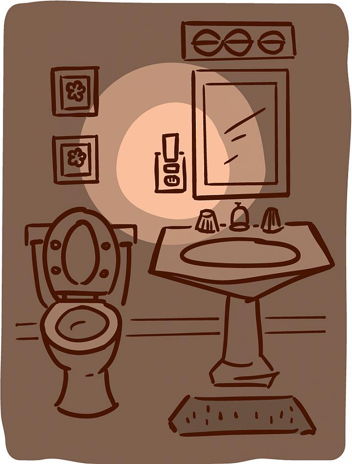 Illustration of bathroom toilet and sink lit up by a nightlight.