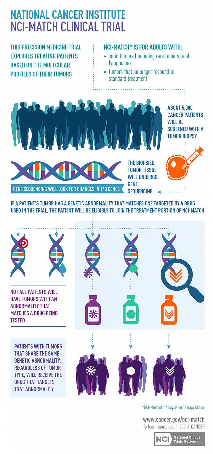 An infographic summarizing a precision medicine trial that explores treating cancer patients based on the molecular profiles of their tumors.