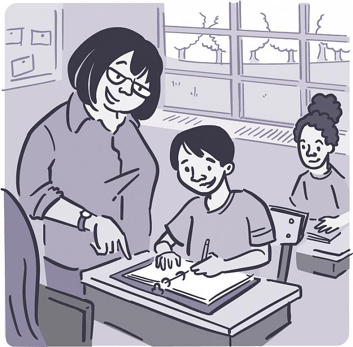 Illustration of a teacher helping young students in a classroom.