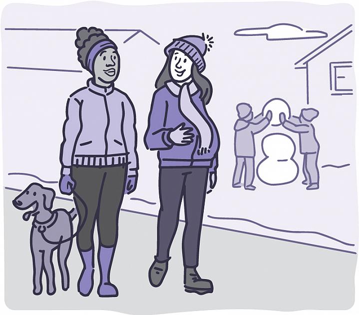 Illustration of a pregnant woman walking with a friend through a snowy neighborhood.