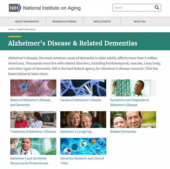 Screenshot of Alzheimer’s resources webpage 