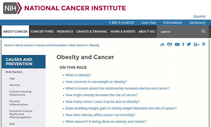 Screenshot of NCI obesity and cancer web page