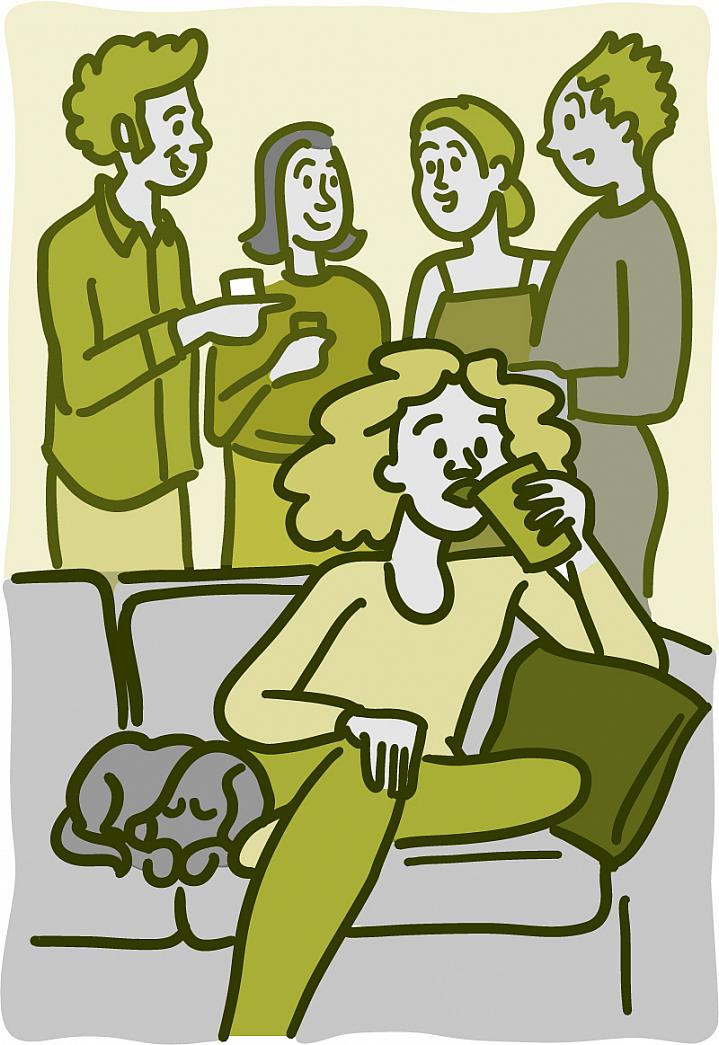 Illustration of a woman sitting on the couch with a dog at a party