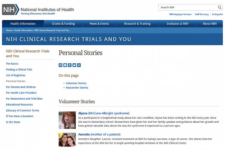 Screenshot of the personal stories website