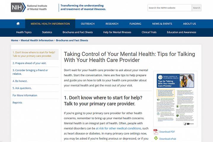 Screenshot of the Taking Control of Your Mental Health website