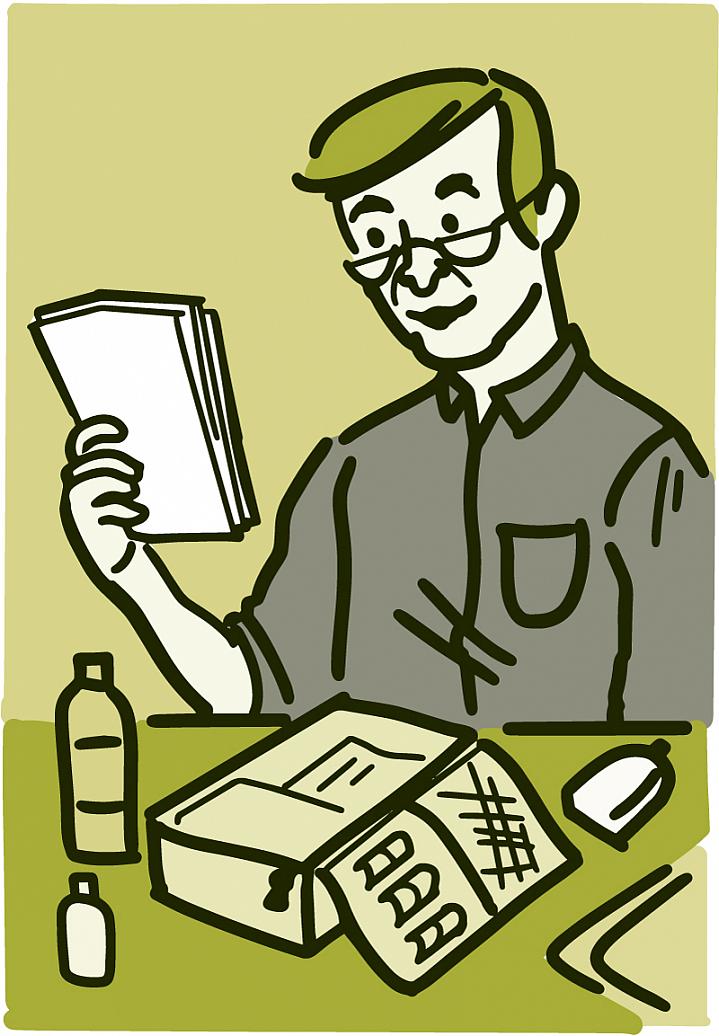 Illustration of a man putting together an emergency kit with medical supplies