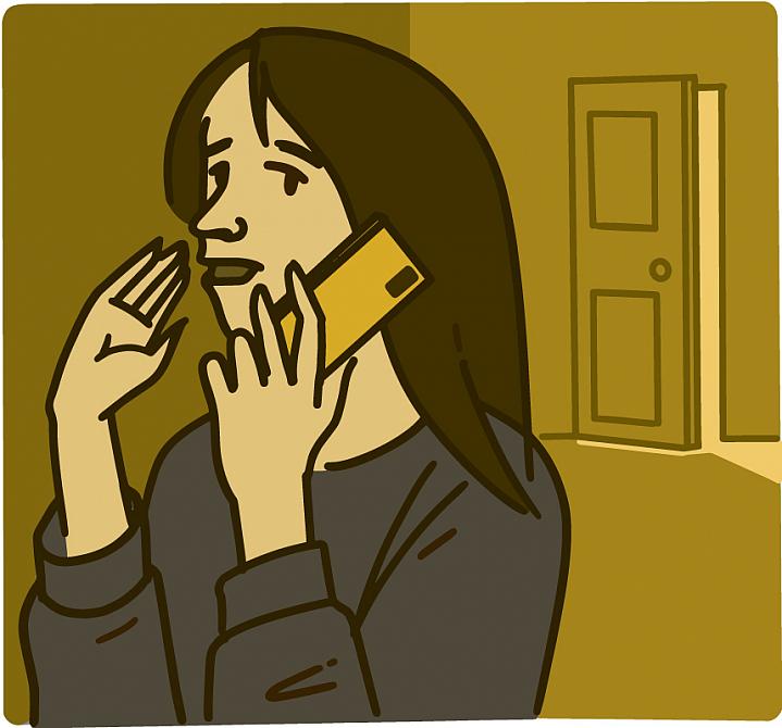 Illustration of a woman talking on her phone in private