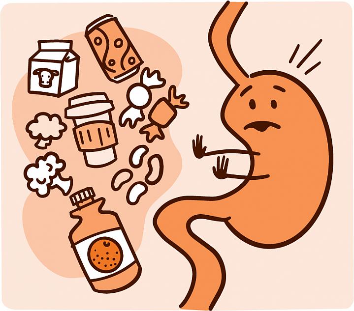 Illustration of a stomach saying no to different foods