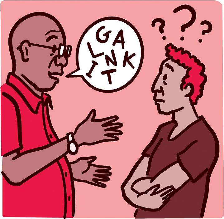 Illustration of a person confused over what their friend is saying