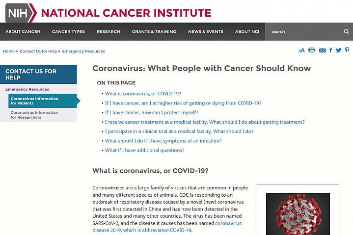 Screenshot of the Coronavirus: What People with Cancer Should Know website