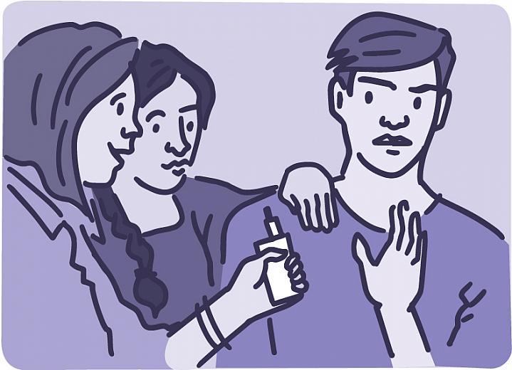 Illustration of a teenager saying no to friends offering him an electronic cigarette