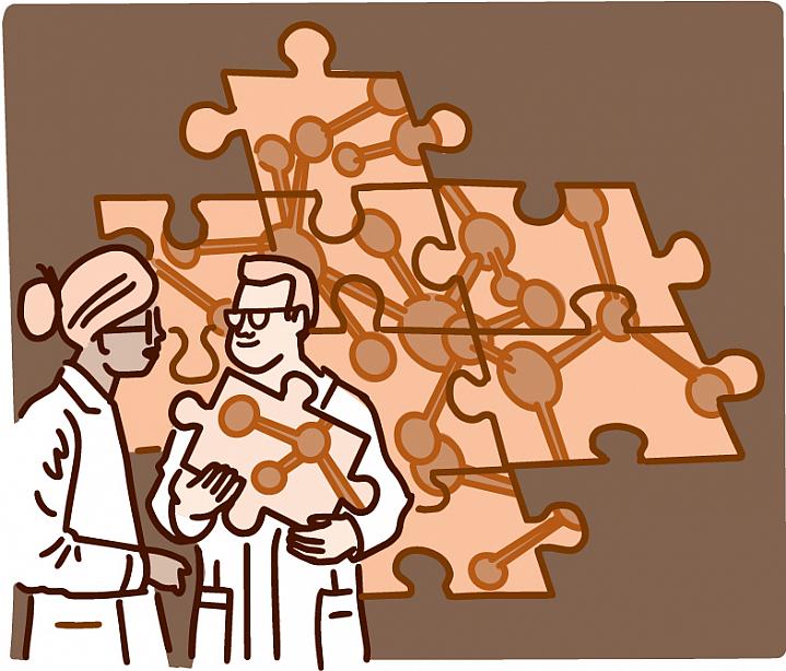 Illustration of two scientists talking in front of a puzzle of a complex molecule