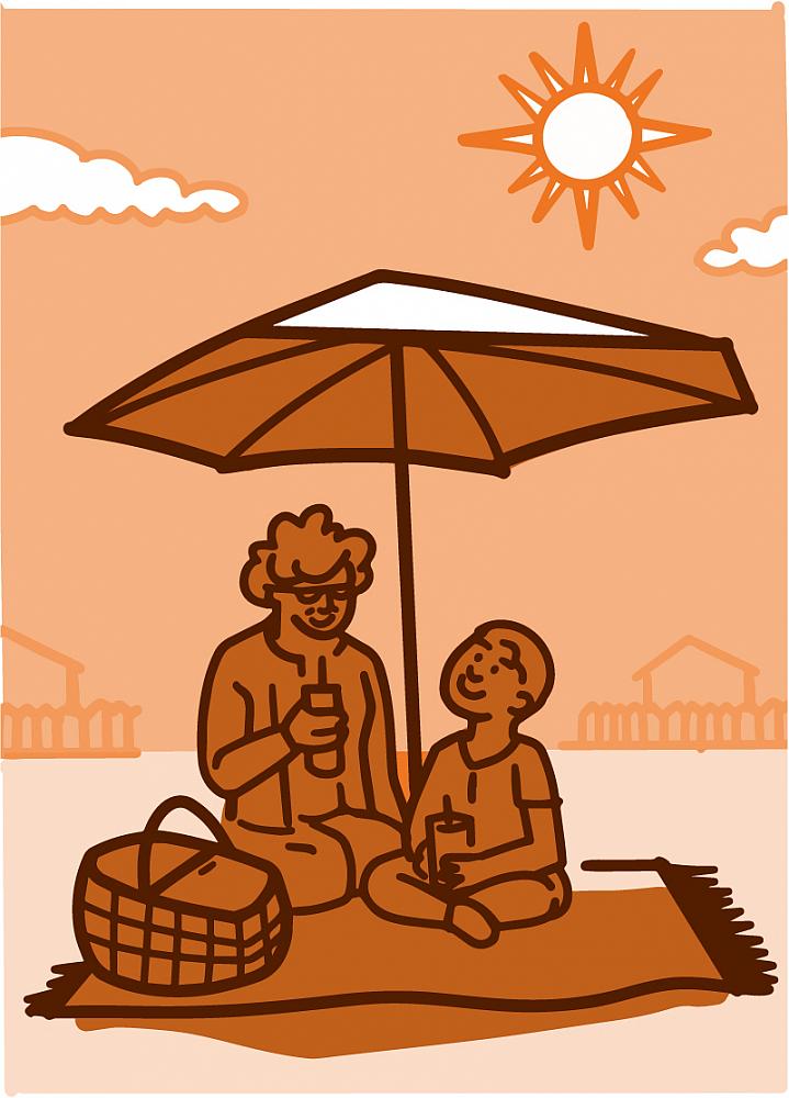Illustration of a grandparent with their grandchild picnicking under an umbrella