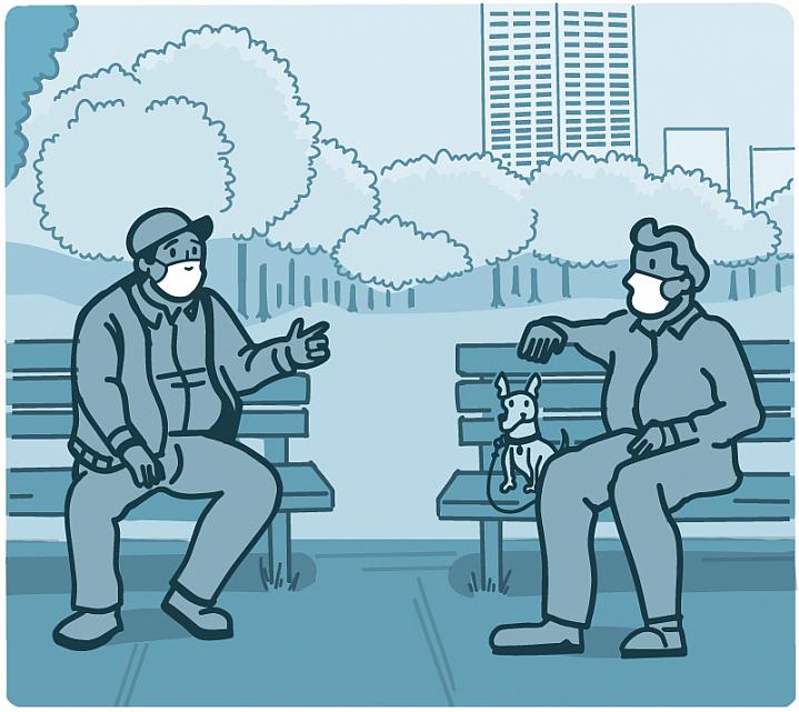 Illustration of two men wearing masks while sitting on park benches six feet apart