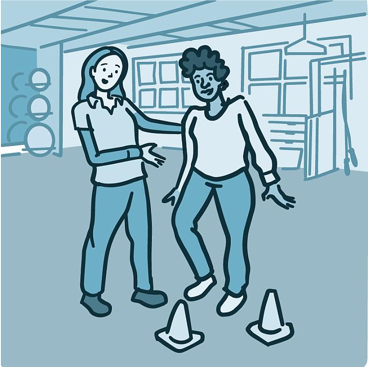 Illustration of a person doing rehabilitation exercises with a physical therapist