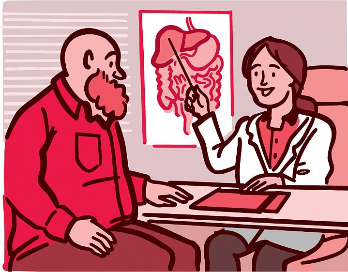 Illustration of a doctor showing their patient a diagram of the liver