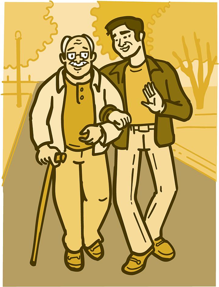 Illustration of an older man with cane walking with his son outside