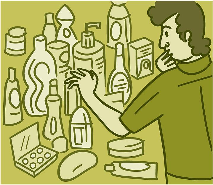 Illustration of a person looking at personal care products