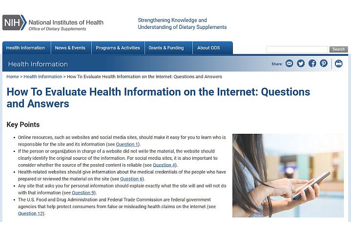 Screenshot of the How To Evaluate Health Information on the Internet website