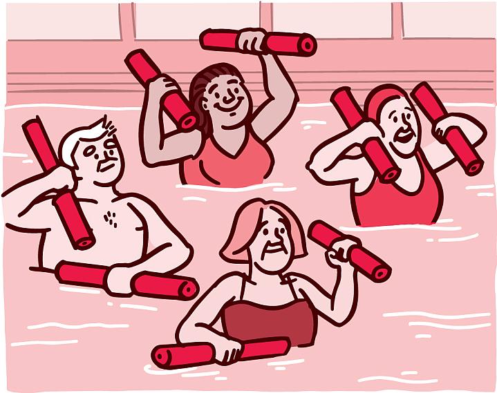 Illustration of a group of adults doing water aerobics