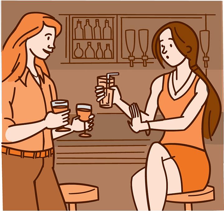 Illustration of a woman declining a drink offered by her friend