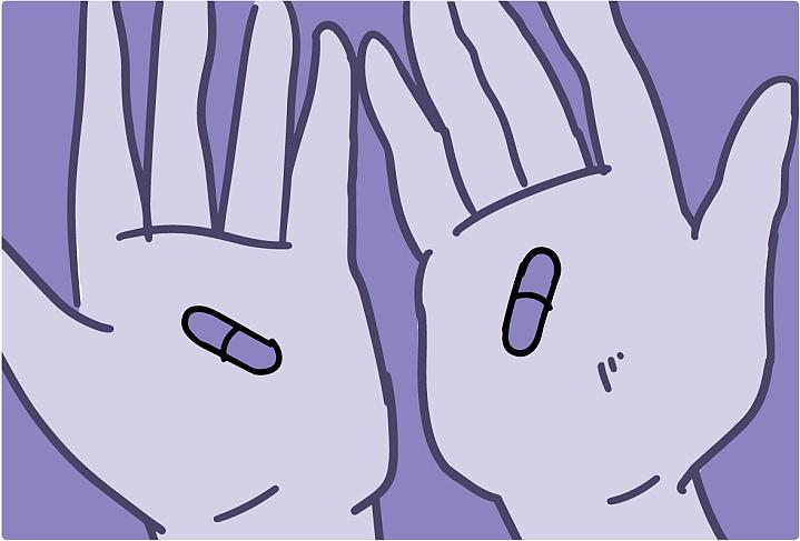 Illustration of a person’s hands holding two different pills that look the same