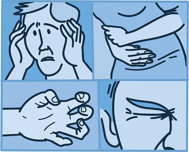 Four panels illustrating different uses for botox- Top left-headache; Top right-stomach pain; Lower left-fingers curled; Lower right- eye wrinkles.