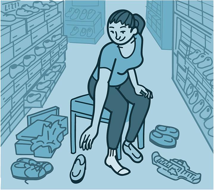 Illustration of a woman at a shoe store trying on shoes.