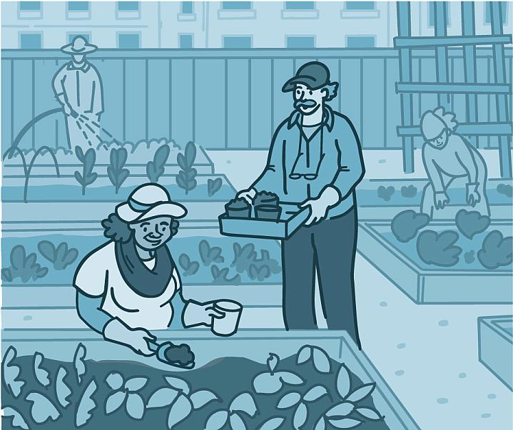 Illustration of people collecting soil in a community garden.