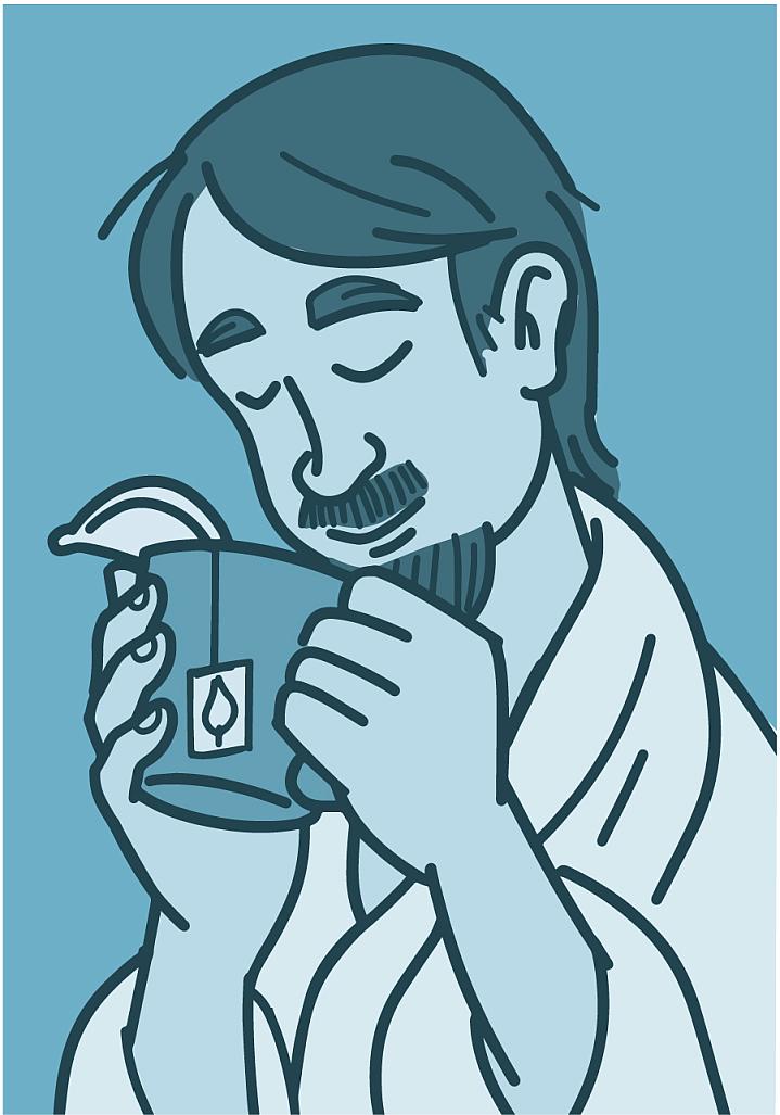 Illustration of a man drinking tea.