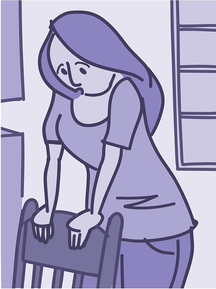 Illustration of a woman grabbing the back of a chair, while having trouble breathing.