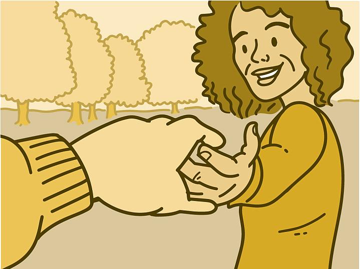 Illustration of a person reaching toward an outstretched hand.