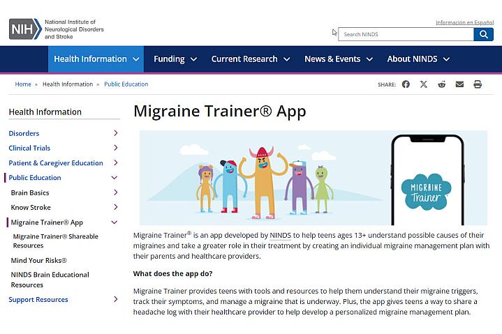 Screenshot of the Migraine Trainer App website.