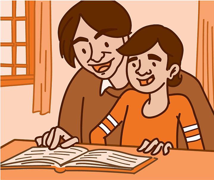 Illustration of a father and son reading a book at the table.