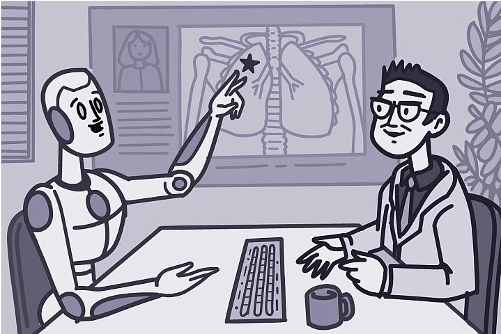  Illustration of a robot and a doctor analyzing a medical image together.