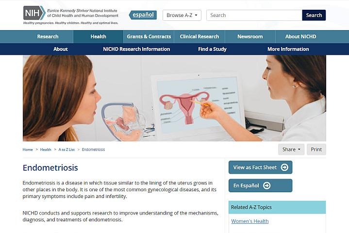 Screenshot of the endometriosis website.